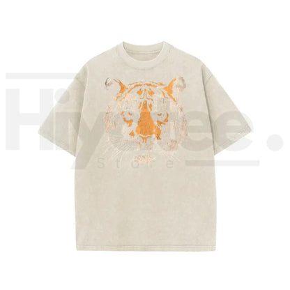 Holafish Unisex Vintage Tiger Graphic Short Sleeve T-Shirt – Acid Washed Heavyweight Cotton Oversized Streetwear Top