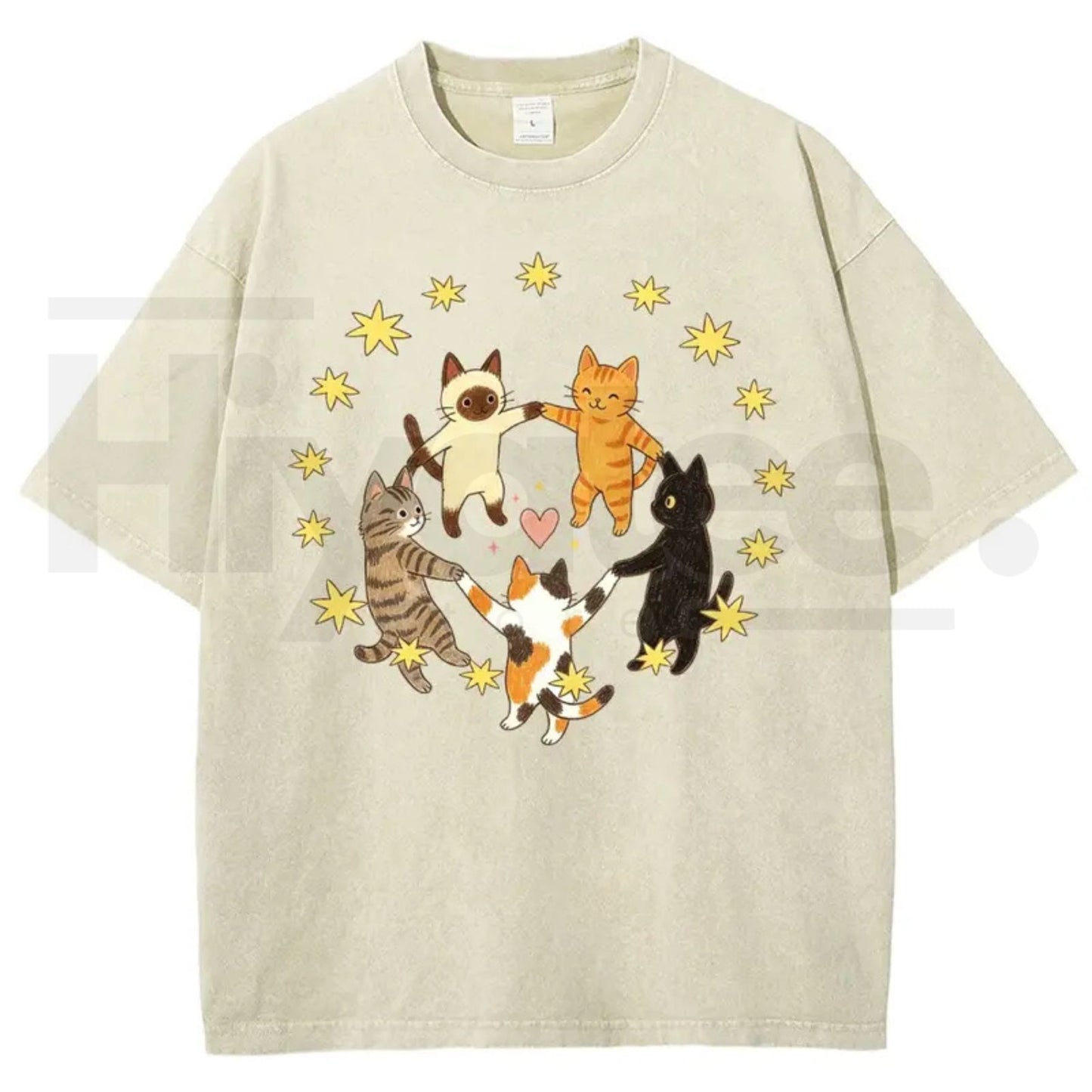 Five Holding Hands Circle Cats Yellow Star Heart Vintage Washed Tee – Y2K Aesthetic Cute Graphic Shirt