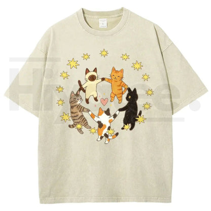 Five Holding Hands Circle Cats Yellow Star Heart Vintage Washed Tee – Y2K Aesthetic Cute Graphic Shirt