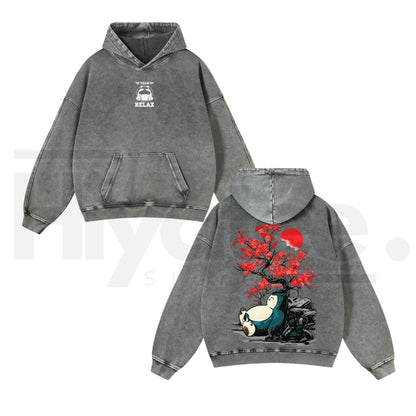 Japanese Red Plum Blossoms & Plump Beast Hoodie – Ink-Wash Art, Y2K Vintage Washed
