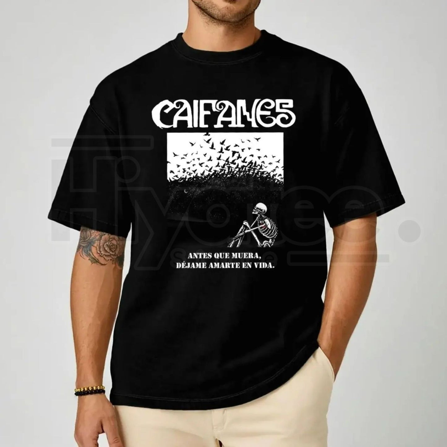 "Caifanes Miedo" – Skeleton Birds & Gothic Letter Graphic Top