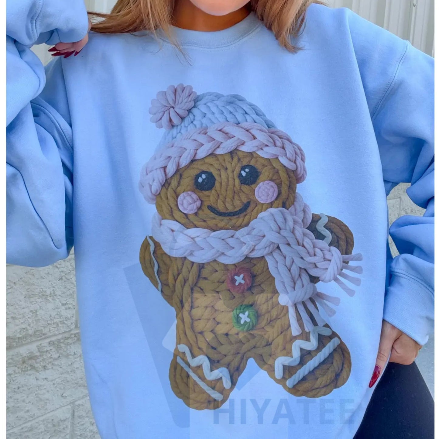 Cute Yarn Gingerbread Graphic Top: Faux Stitch Christmas Sweater, Cozy Holiday Crewneck Pullover, Unisex Festive Apparel