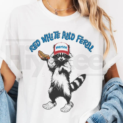 "Feral Patriot" – Vintage USA Raccoon & Hot Dog Party Graphic Top