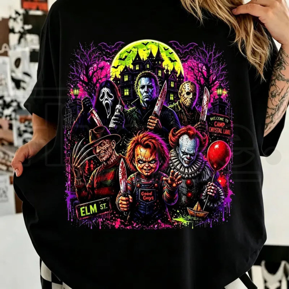 Neon Halloween Characters T-Shirt – Spooky Season Horror Movie Tee