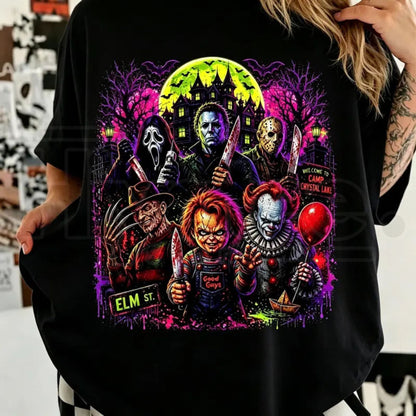 Neon Halloween Characters T-Shirt – Spooky Season Horror Movie Tee