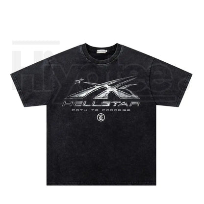 Dark Streetwear Star Flame Washed Graphic Tee – Retro Vintage Tie-Dye Short Sleeve Top