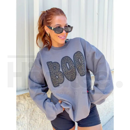 Cheetah Boo Sweatshirt – Cute Leopard Print Ghost Halloween Graphic Crewneck, Cozy Fall Sand Pullover