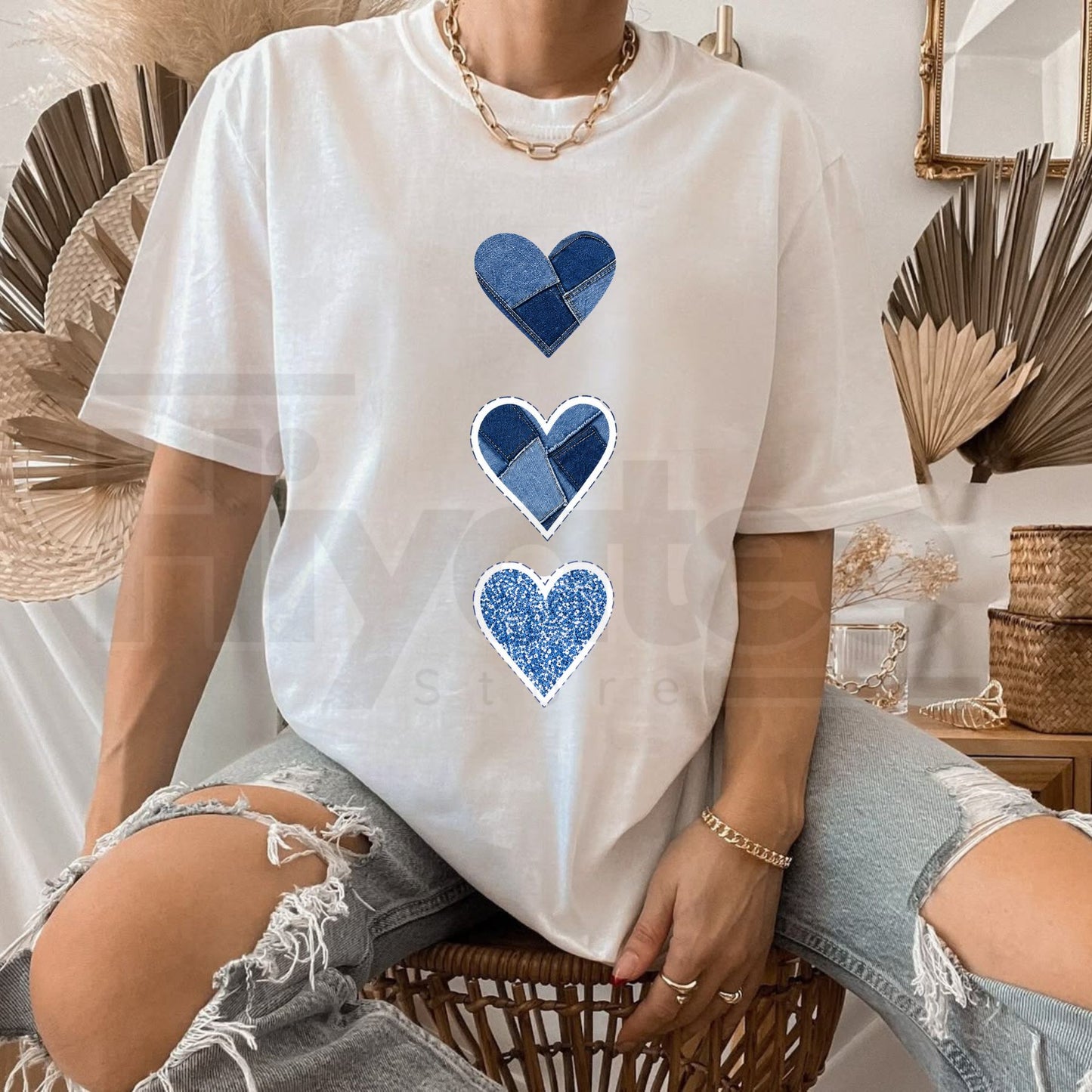 Women's Denim Heart Graphic T-Shirt – Cute Casual Summer Streetwear Top