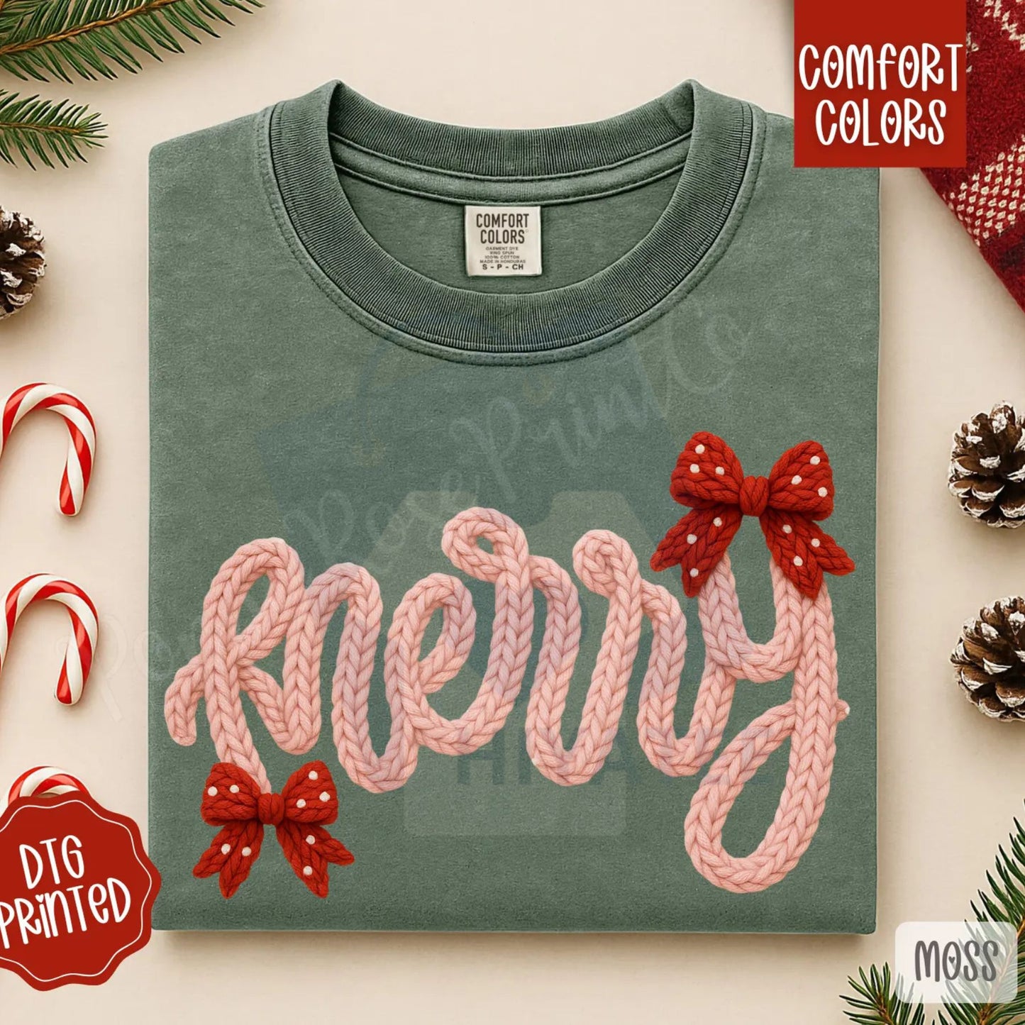 Faux Knit Merry Shirt Comfort Colors – Trendy Women's Christmas T-shirt, Vintage Knit Style Holiday Tee