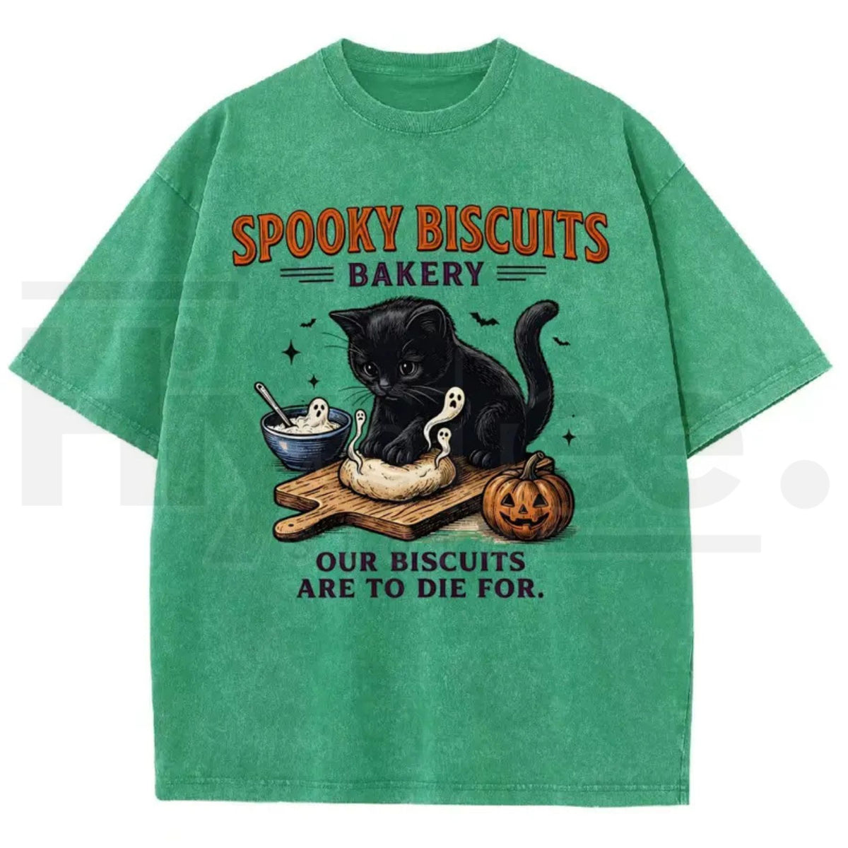 Men's Spooky Biscuits Black Cat Halloween T-Shirt – Vintage Brown Acid-Wash Oversized Cotton Tee