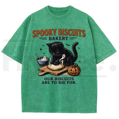 Men's Spooky Biscuits Black Cat Halloween T-Shirt – Vintage Brown Acid-Wash Oversized Cotton Tee