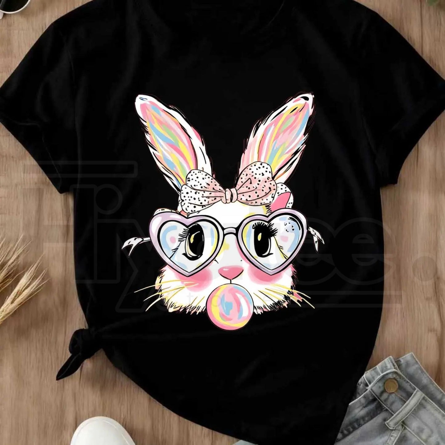 Cute Easter Bunny Bubblegum T-Shirt – Colorful Rabbit with Heart Glasses Tee
