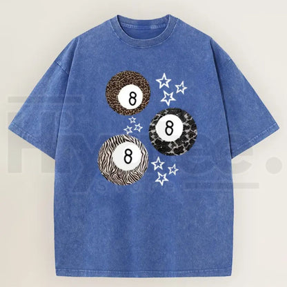 Women's Acid Wash 8 Ball Leopard & Stars Graphic T-Shirt – Retro Streetwear Cotton Tee