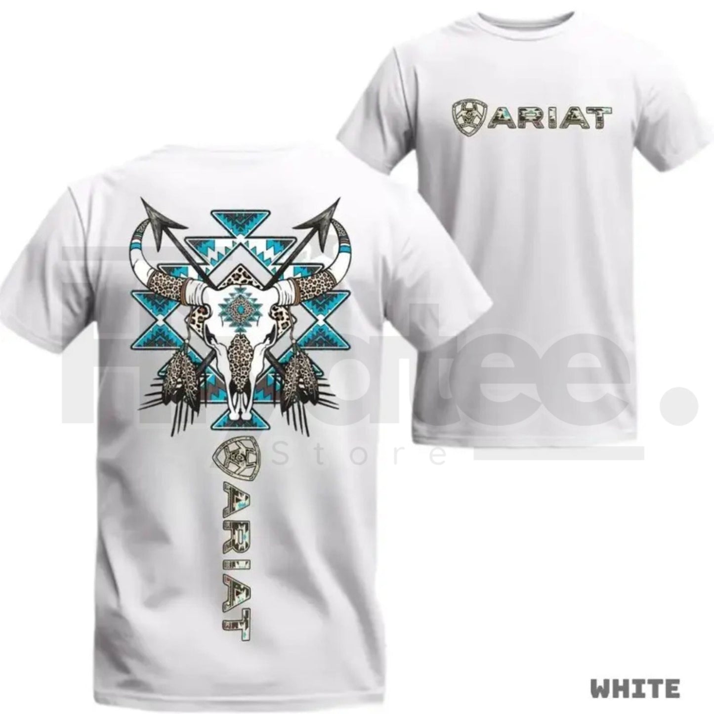 "Ariat Tribal Skull" – Western Bull Skull & Blue Aztec Graphic Top