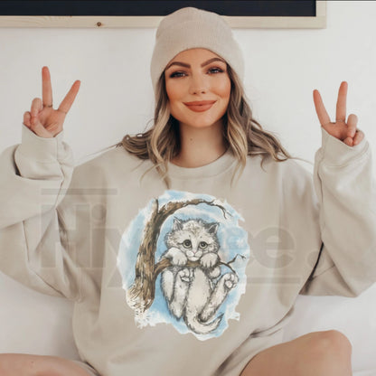 Vintage Kitten Graphic Sweatshirt - Cute Sad Cat in Winter Tree Crewneck Pullover