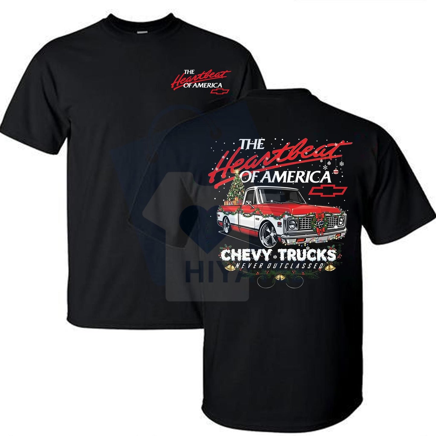 Retro Chevy "Heartbeat of America" Christmas T-shirt – Vintage Holiday Motors Tee