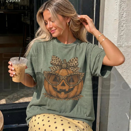 Fall Halloween Leopard Pumpkin Shirt Crewneck Jack O Lantern Tee