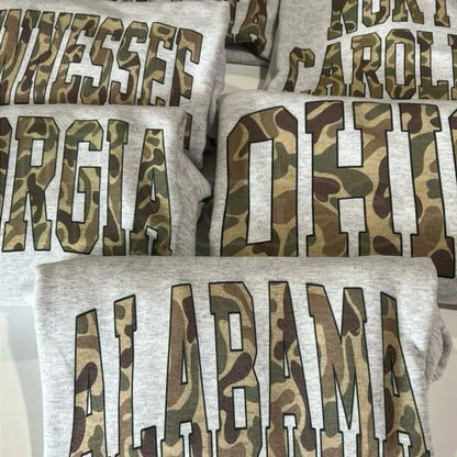 Camo State Sweatshirt – Duck Camo Varsity State Name Crewneck, Vintage College Game Day Pullover