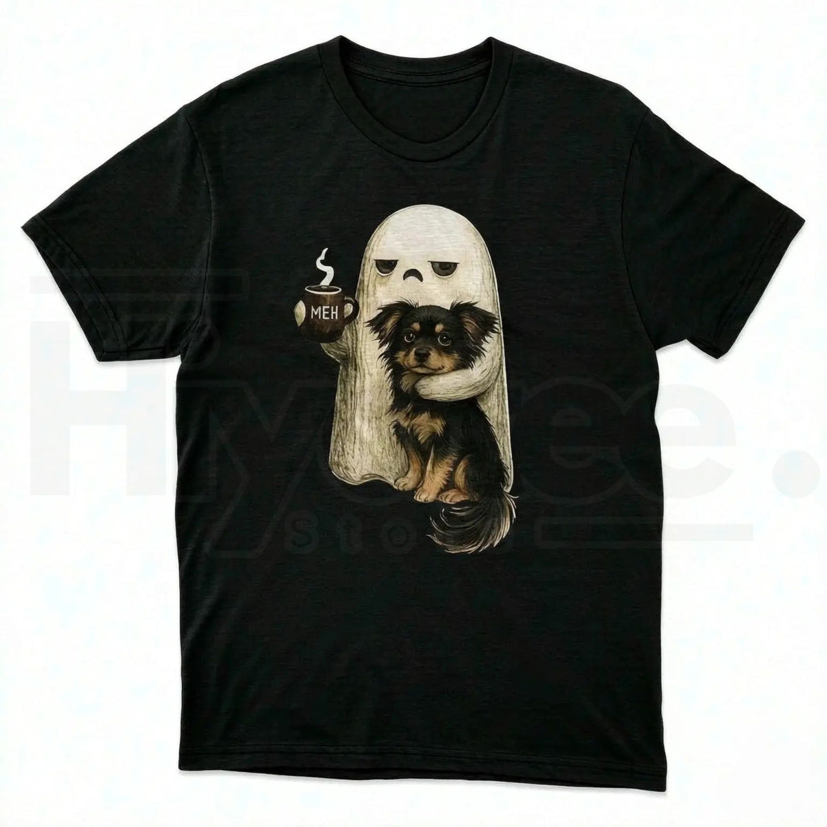 Ghost Cat Halloween T-Shirt – Spooky Black Cat & Coffee Lover Graphic Tee
