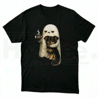Ghost Cat Halloween T-Shirt – Spooky Black Cat & Coffee Lover Graphic Tee