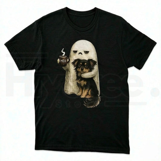 Ghost Cat Halloween T-Shirt – Spooky Black Cat & Coffee Lover Graphic Tee