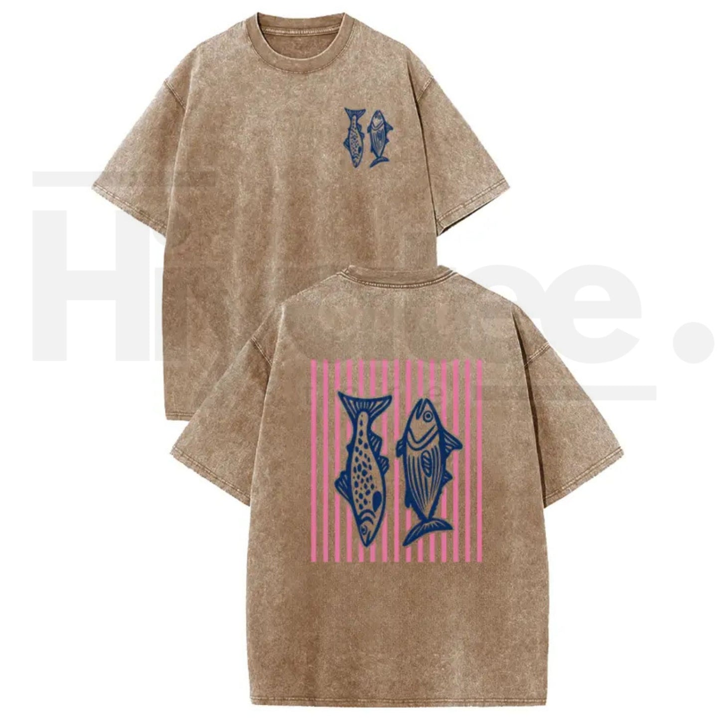 Holafish Pink Striped Fish Graphic T-Shirt – Premium Heavyweight Acid Wash Streetwear Tee