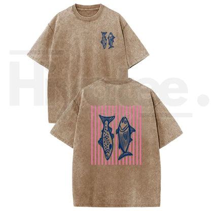 Holafish Pink Striped Fish Graphic T-Shirt – Premium Heavyweight Acid Wash Streetwear Tee