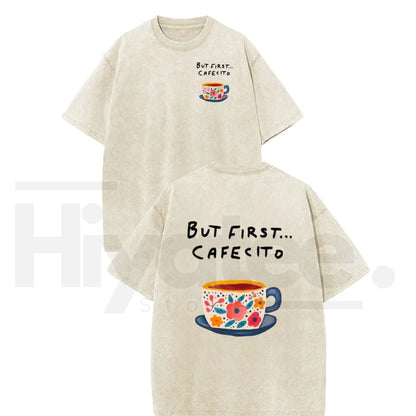 Women's Vintage Acid Washed Coffee Graphic T-Shirt – Casual Thanksgiving Drop Shoulder Top