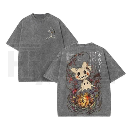 Mimikyu Ghost Vintage Washed Black Graphic Tee – Cute Dark Aesthetic Spooky Oversized Shirt