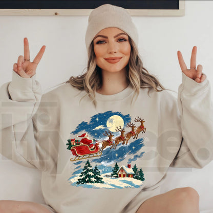 Vintage Santa Sleigh Reindeer Christmas Sweatshirt, Snowy Cottage Winter Holiday Pullover