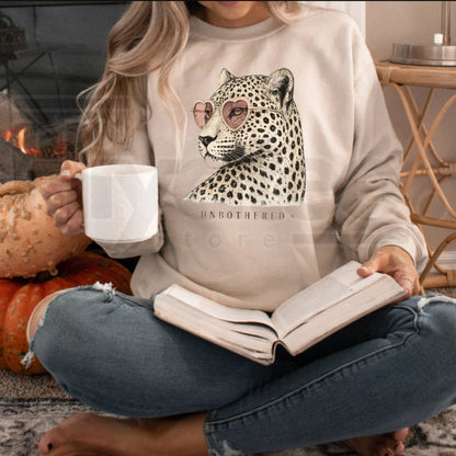 Vintage Unbothered Leopard Graphic Top – Retro Cool Animal Print Crewneck, Casual Chill Vibe Pullover