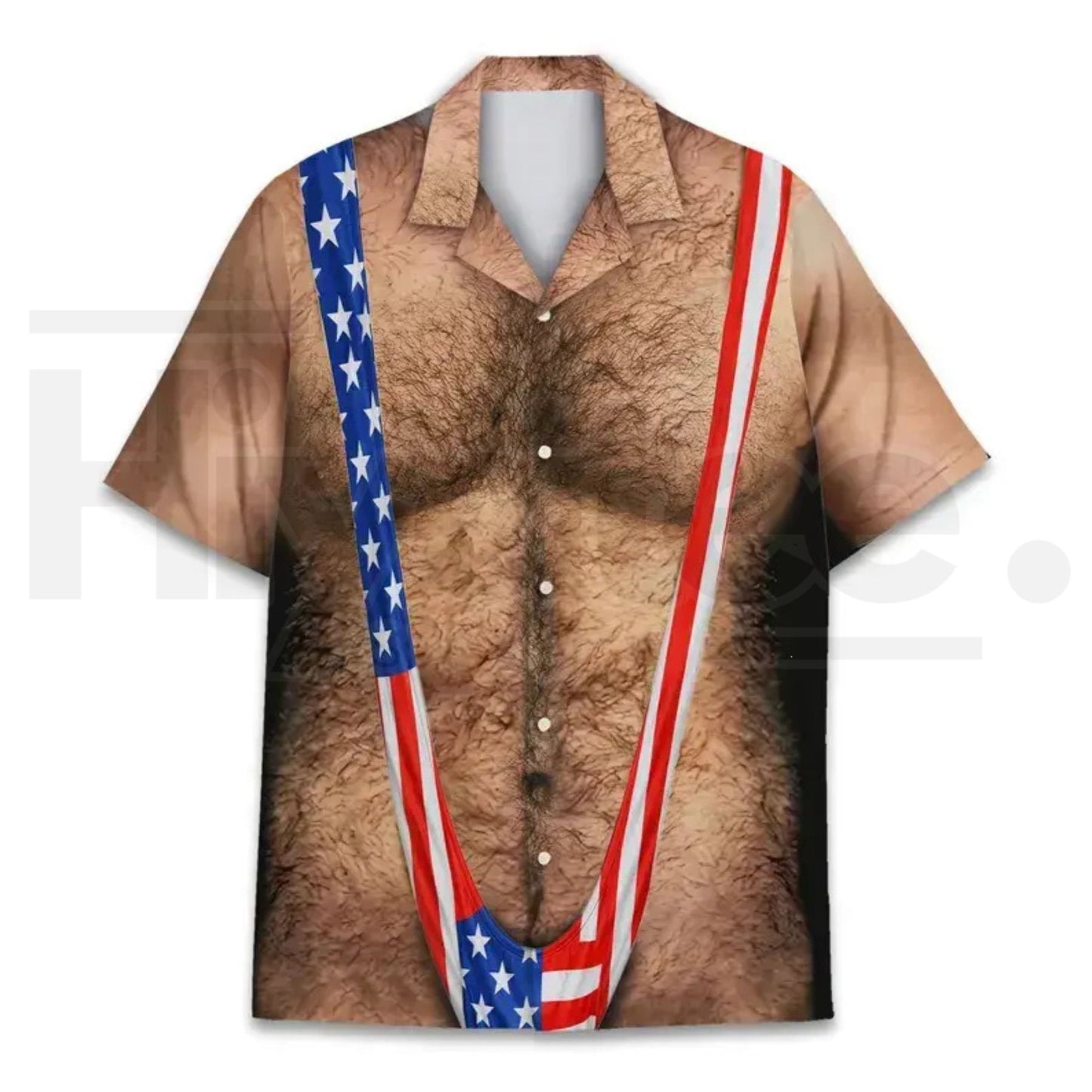 American Flag Funny Hawaiian Shirt for Men – Patriotic Chest Hair Illusion Aloha Shirt