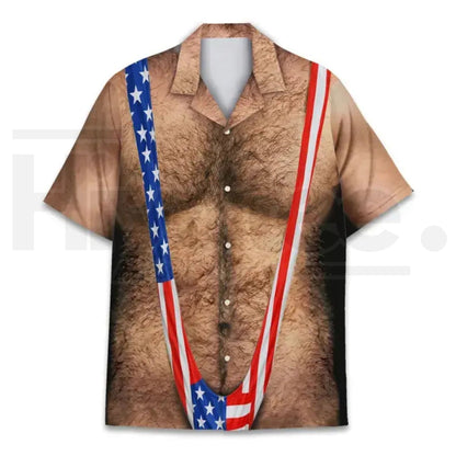 American Flag Funny Hawaiian Shirt for Men – Patriotic Chest Hair Illusion Aloha Shirt