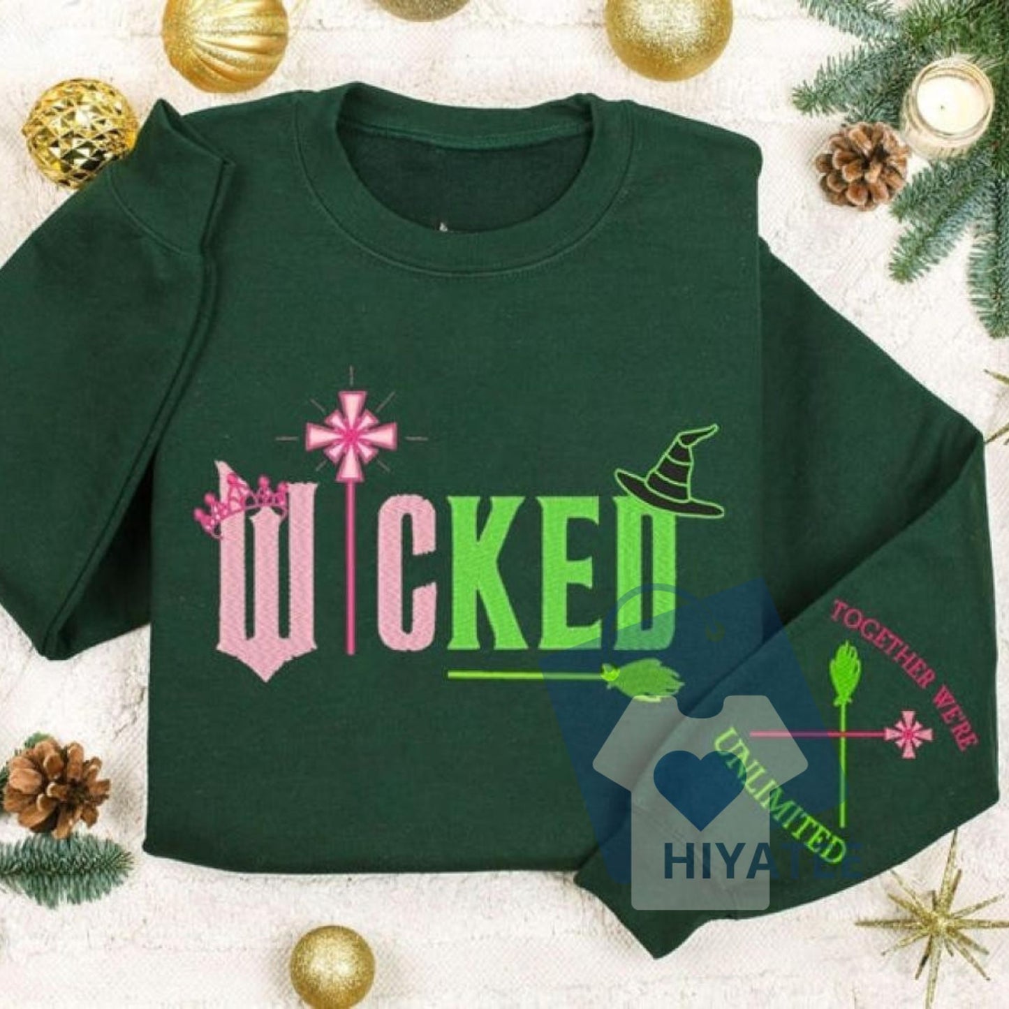 Wicked Embroidery Sweatshirt – “Together We’re Unlimited” Elphaba & Glinda Side Bow Crewneck, Wicked Musical Fan Apparel