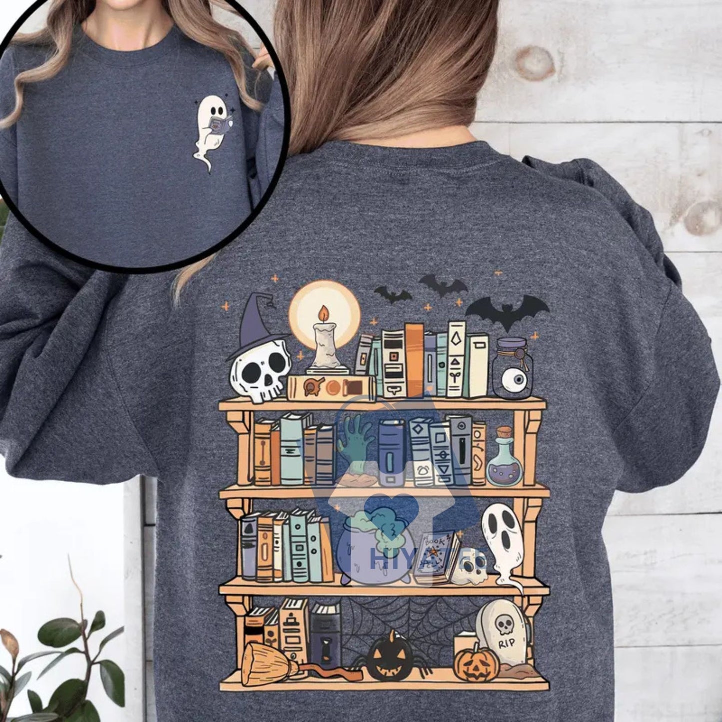 Reading Ghost Sweatshirt – Spooky Halloween Library Crewneck for Teachers & Book Lovers, Cute Front & Back Design