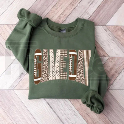 Preppy Football Game Day Sweatshirt – Touchdown Football Mom Crewneck, Leopard Checkered Gingham Pullover
