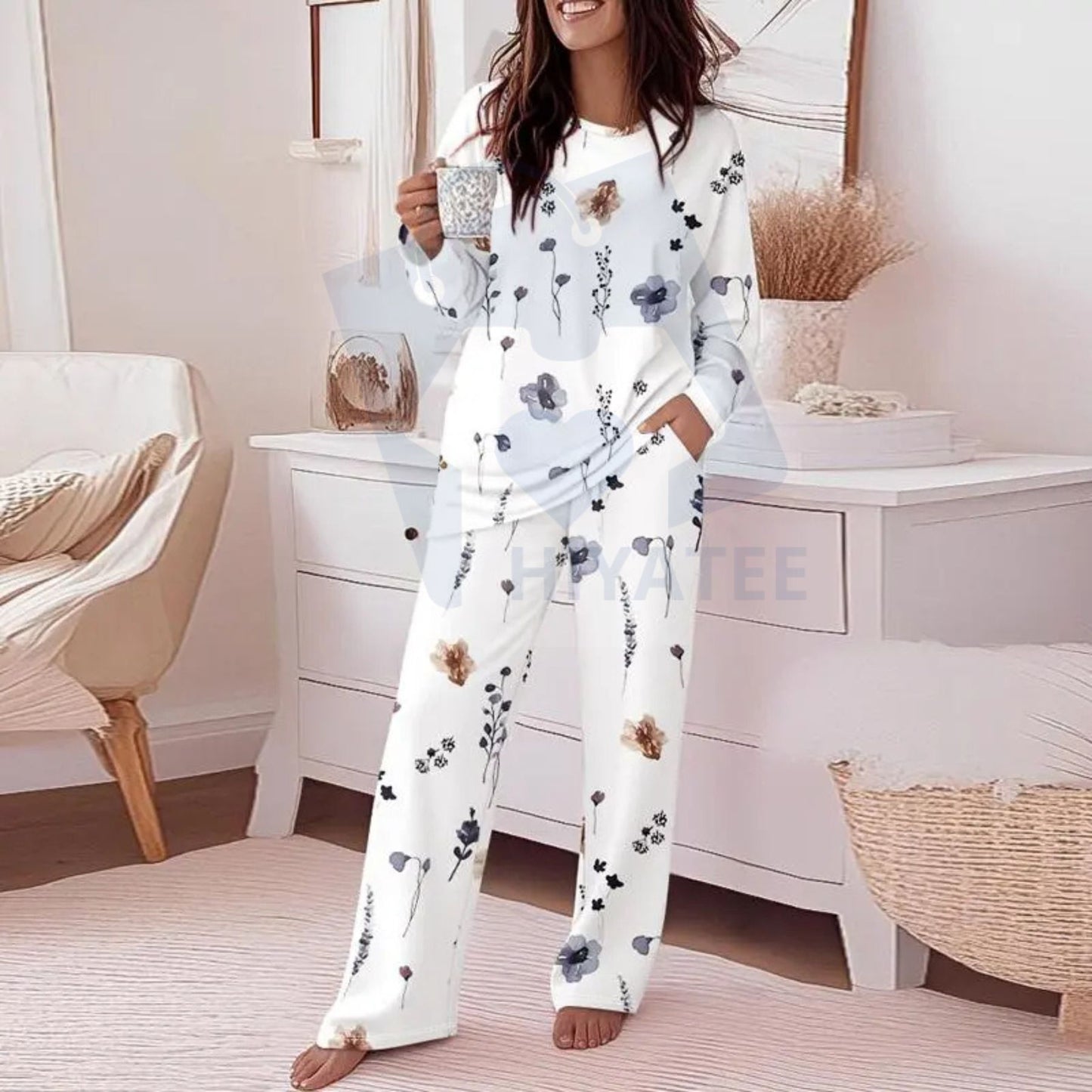 ChicMe Floral Print Satin-Feel Pajama Set with Pockets – Round Neck Long Sleeve Top & Casual Pants