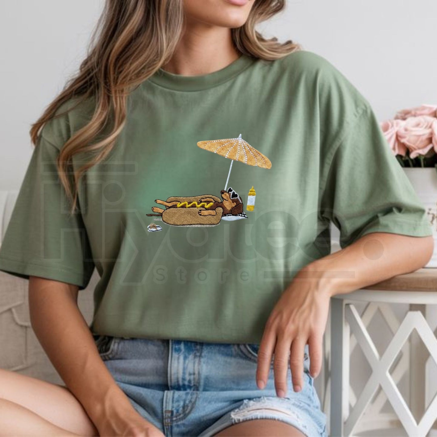 Hot Dog On Beach Dachshund Embroidered Summer Comfort Colors® T-Shirt – Funny Weiner Dog Beach Tee, Embroidered Summer Shirt
