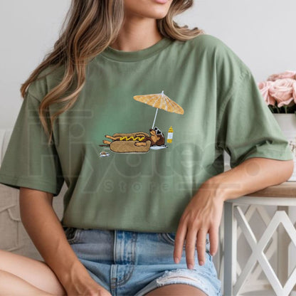 Hot Dog On Beach Dachshund Embroidered Summer Comfort Colors® T-Shirt – Funny Weiner Dog Beach Tee, Embroidered Summer Shirt