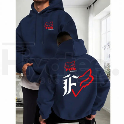 Men's Fleece Baggy Motorcycle Fox Print Hoodie – Dual-Sided Casual Long Sleeve Streetwear Pullover