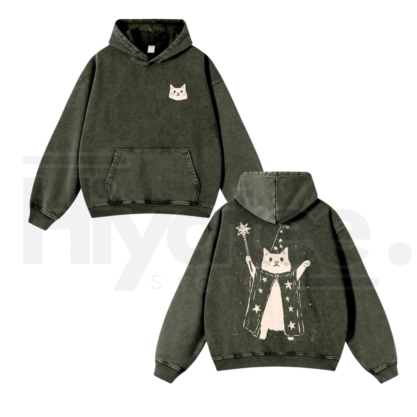 Wizard Cat Graphic Vintage Washed Hoodie – 380g Thick Cotton Blend, Oversize Unisex Pullover
