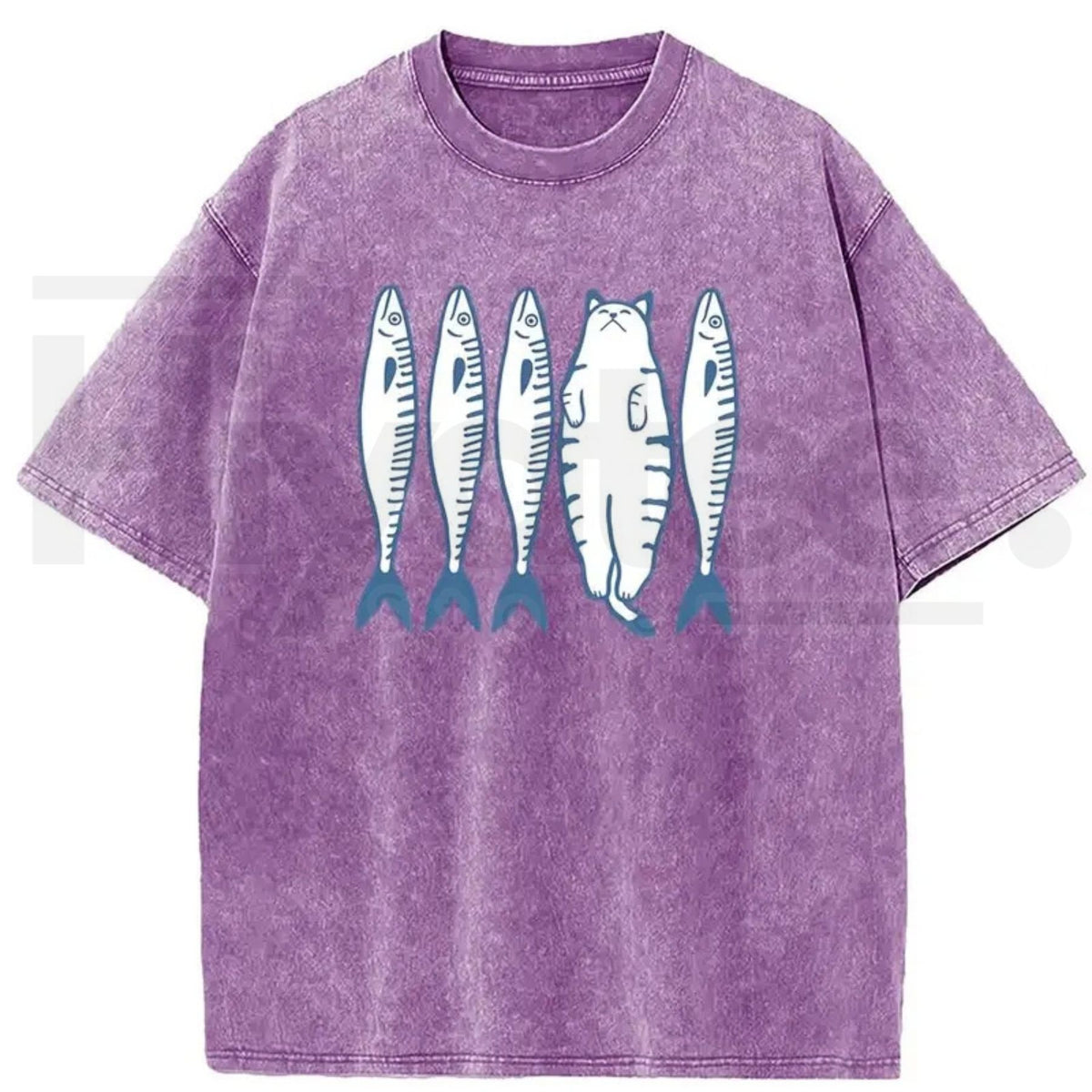 Holafish Cat & Fish Cartoon Vintage Acid Wash T-Shirt – Loose Drop Shoulder Pure Cotton Summer Tee
