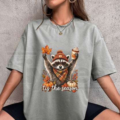 Retro Autumn Raccoon T-Shirt – Funny Pumpkin & Coffee Fall Graphic Tee