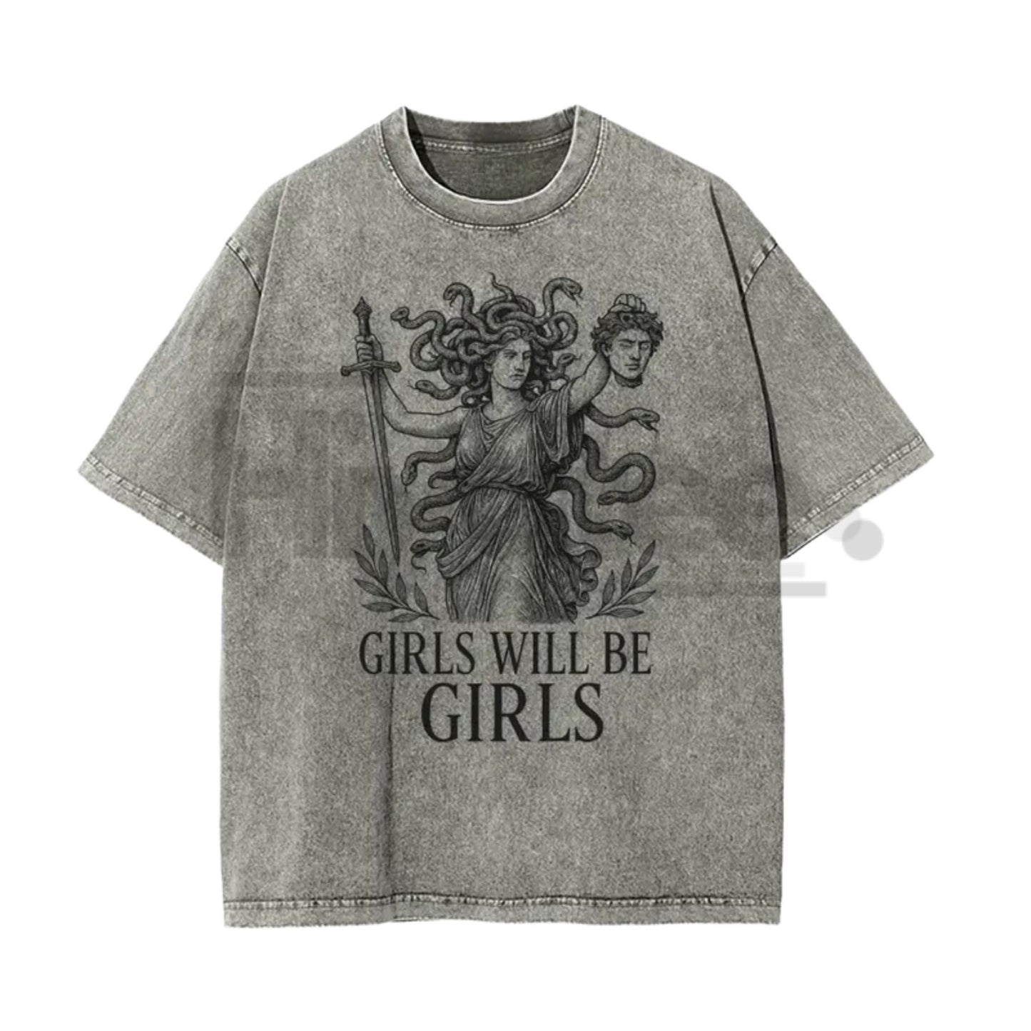 Girls Will Be Girls Medusa T-Shirt – Vintage Washed Graphic Tee, Lightweight Retro Greek Mythology Streetwear, Unisex Oversized Top