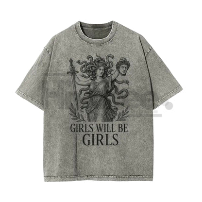 Girls Will Be Girls Medusa T-Shirt – Vintage Washed Graphic Tee, Lightweight Retro Greek Mythology Streetwear, Unisex Oversized Top