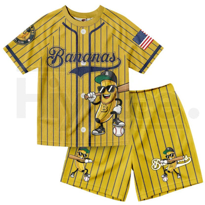 Dabbing Banana Retro American Flag Kids Baseball Jersey Set – Patriotic Athletic Mesh Outfit for Boys & Girls
