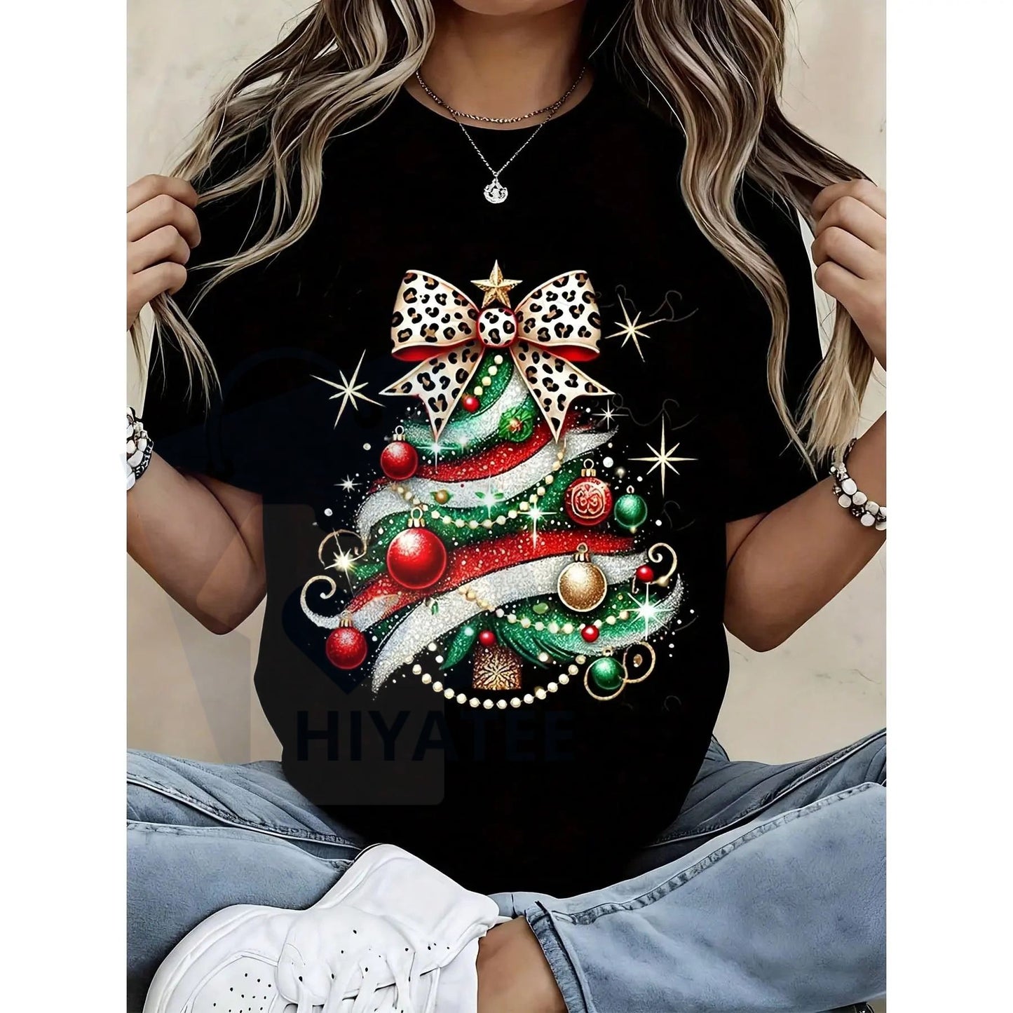 Women's Christmas Tree T-Shirt – Leopard Bow Sparkle Festive Holiday Black Casual Tee