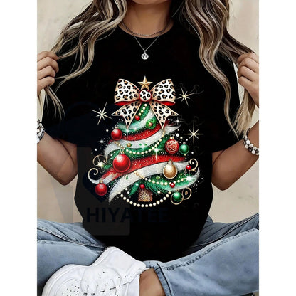 Women's Christmas Tree T-Shirt – Leopard Bow Sparkle Festive Holiday Black Casual Tee