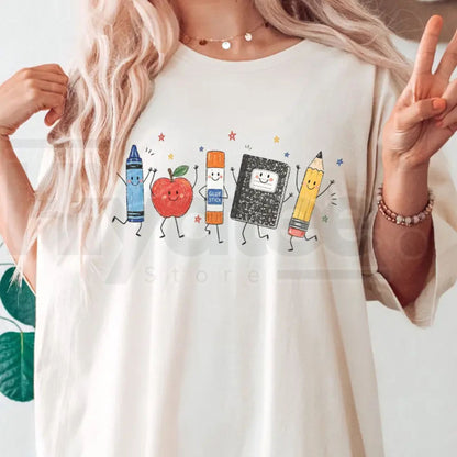 Comfort Colors Back to School Shirt – Cartoon School Supplies Teacher Graphic Tee