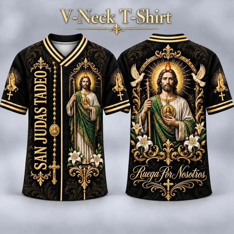 Men's San Judas Tadeo Graphic V-Neck Shirt & Baseball Jersey Style Top